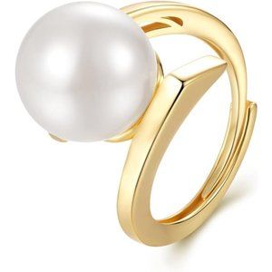 925 Sterling Silver Pearl Ring Gold Plated Hollow Design Adjustable Size Ring